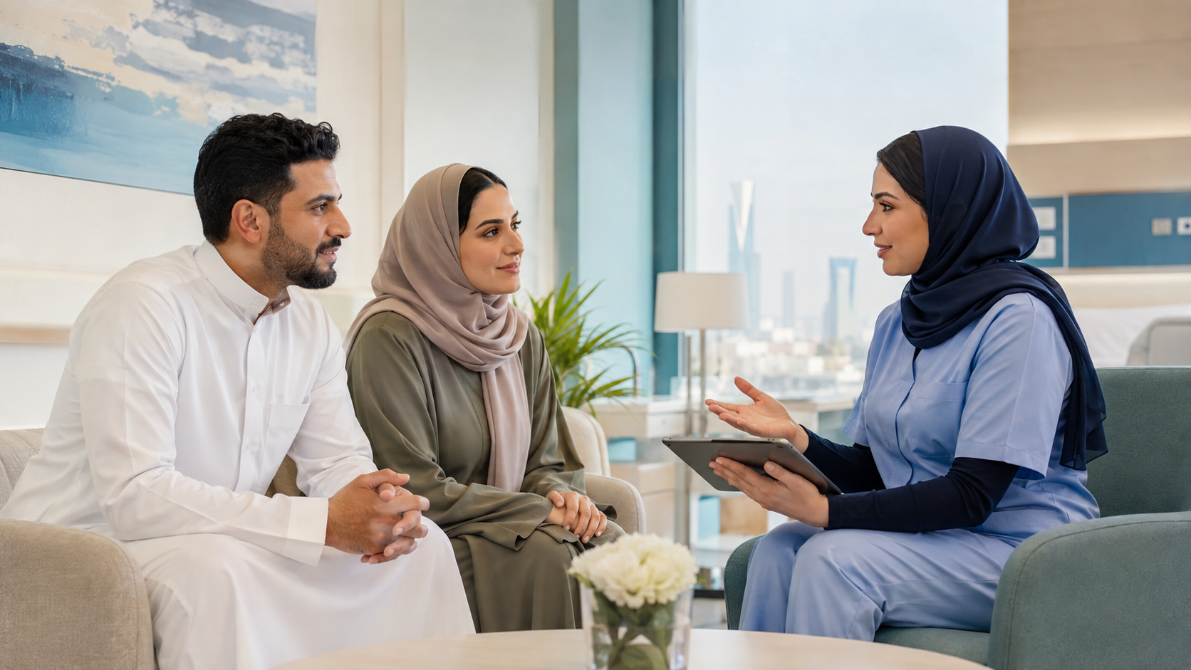 ممرضة تشرح تعليمات ما قبل الجراحة لمريضة ومرافقها